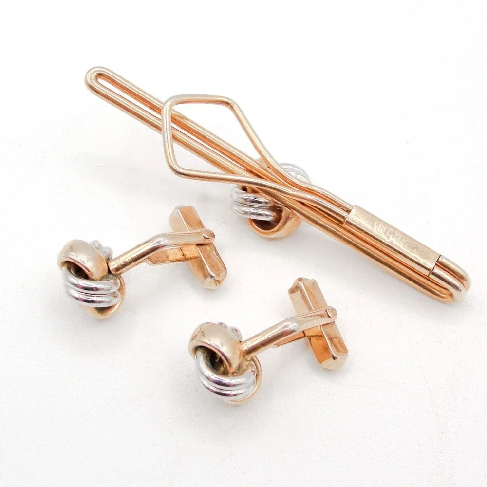 Vintage Swank Two Tone Gold Silver Love Knot Cufflinks Tie Clip Set Mens Jewelry